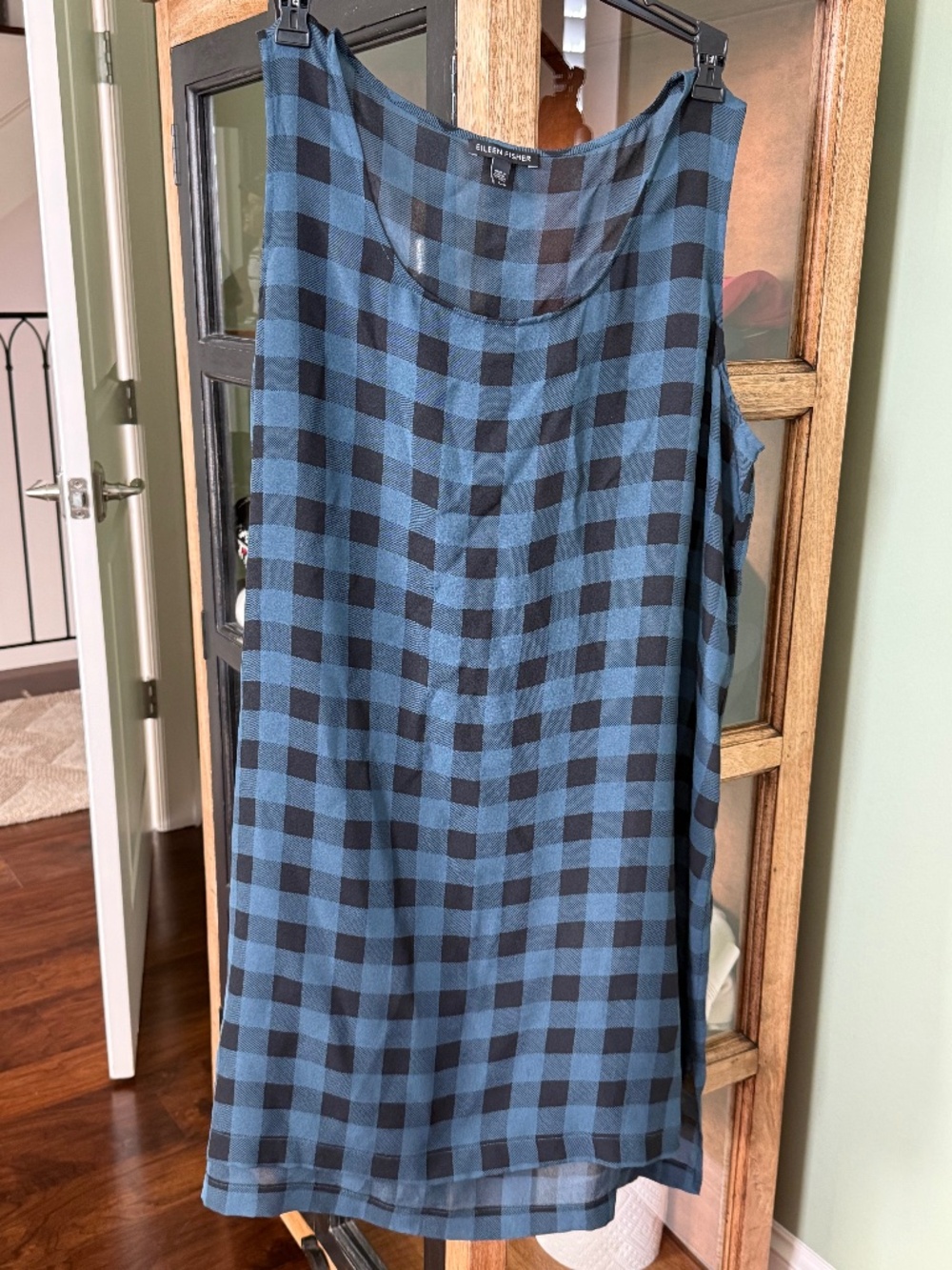 Eileen Fisher 100% Silk Blue Black Buffalo Check Tunic